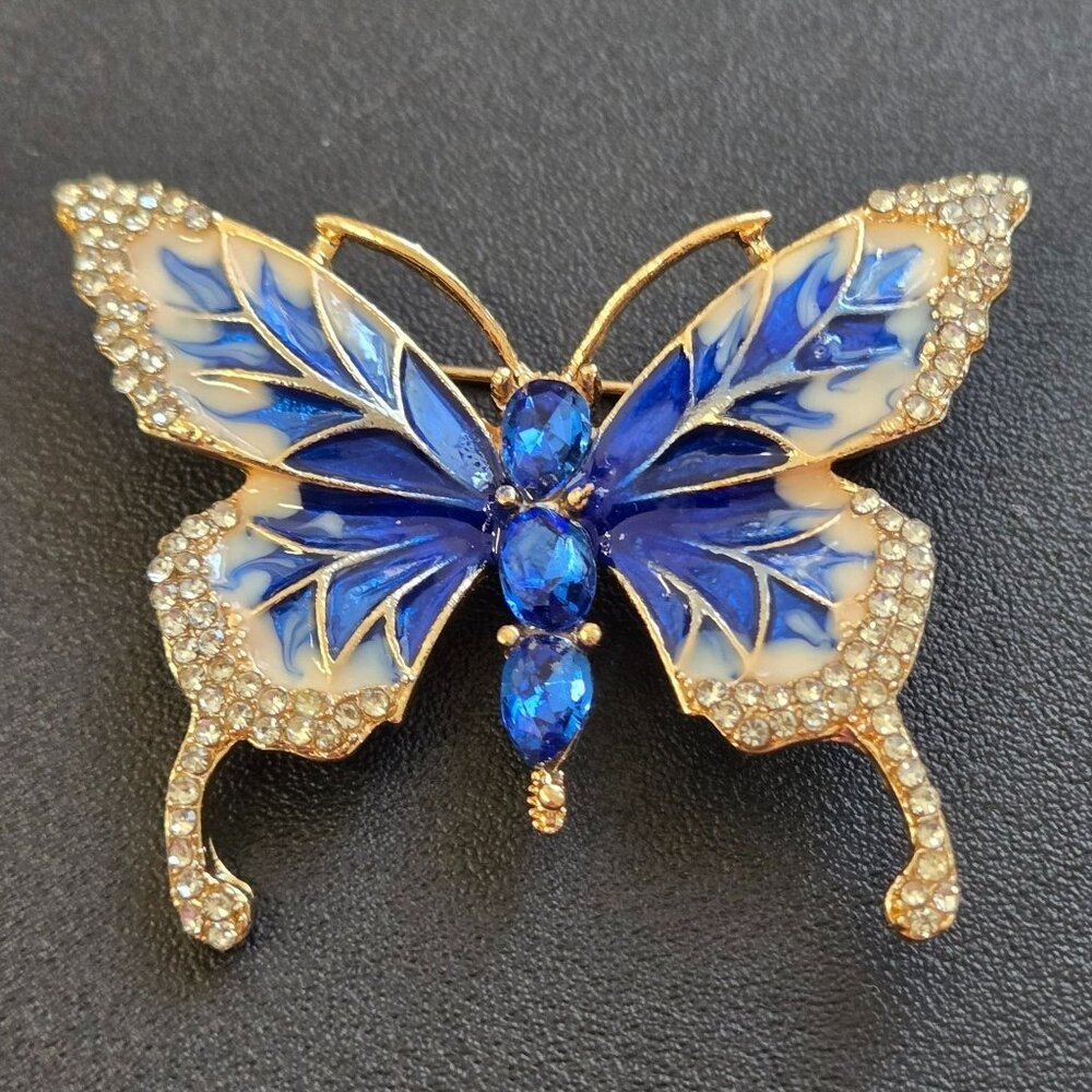 Blue Enamel Butterfly Brooch Rhinestone Gold Tone Pin Sparkly Costume Jewelry